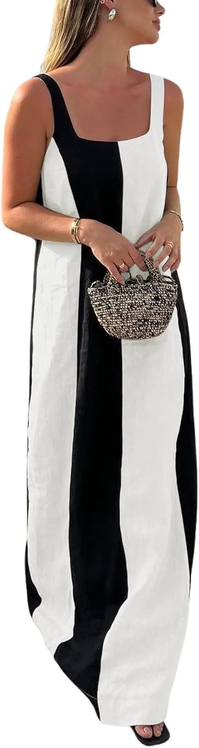 CHARTOU Women Summer Sleeveless Linen Dress Contrast Color Maxi Long Beach Vacation Tank Dress