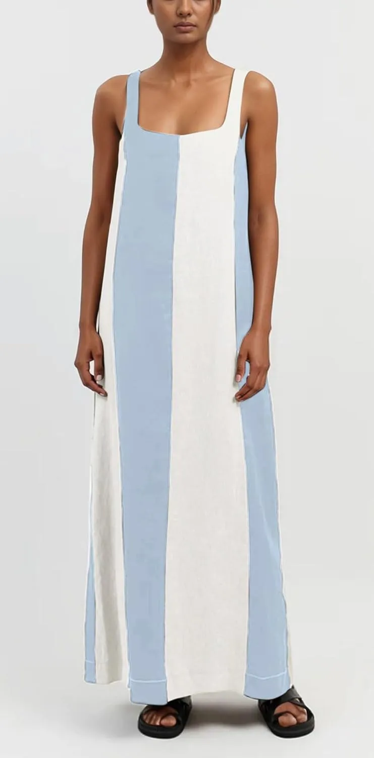 CHARTOU Women Summer Sleeveless Linen Dress Contrast Color Maxi Long Beach Vacation Tank Dress
