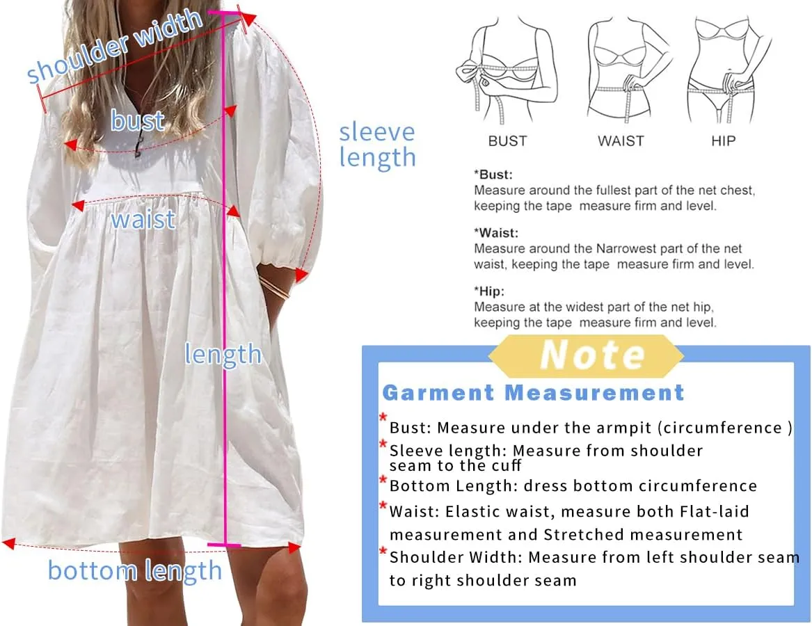 chouyatou Women's Summer Puff Sleeve Cotton Tunic Dress V-Neck Mini Vacation Babydoll Dress