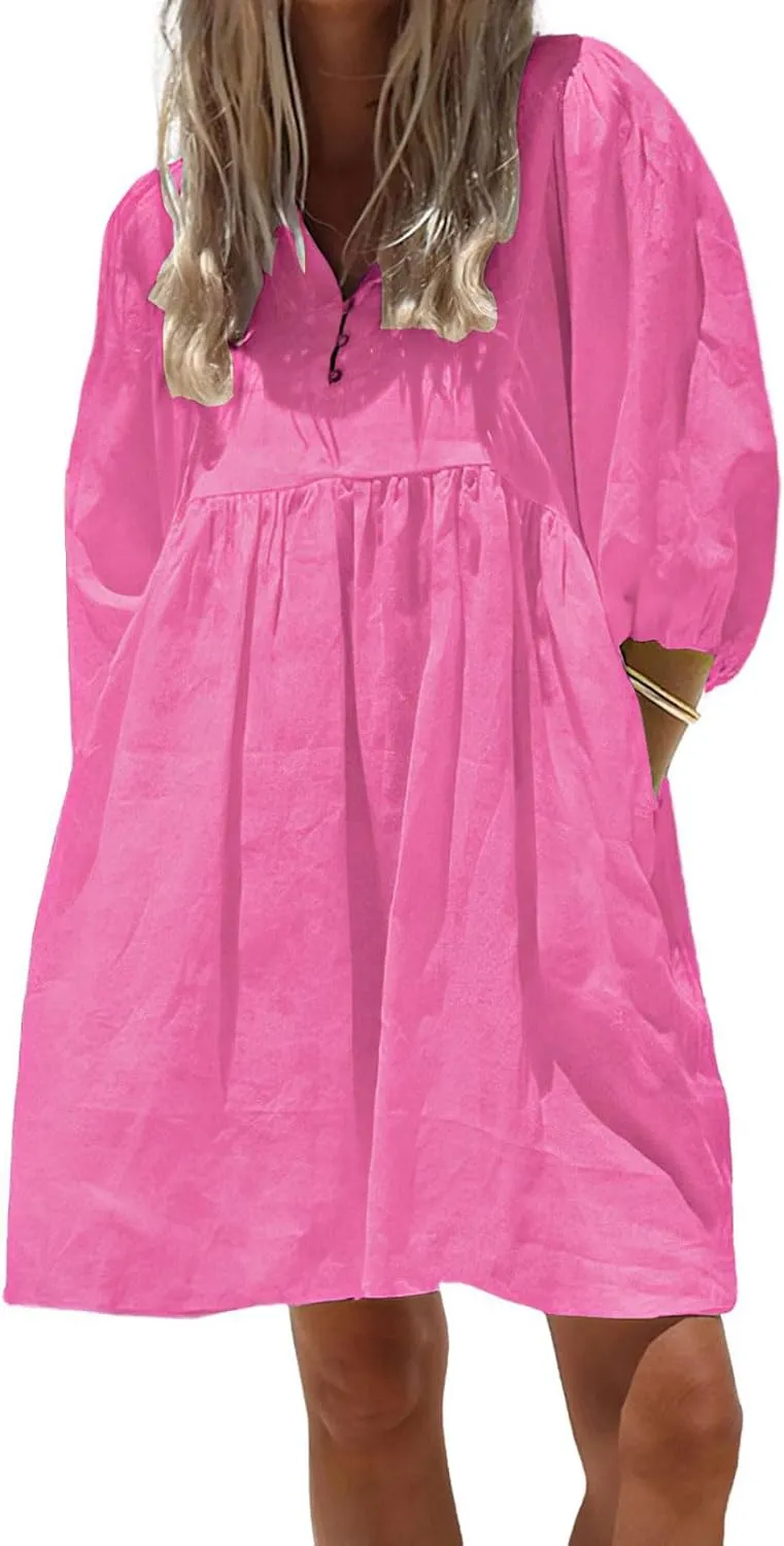 chouyatou Women's Summer Puff Sleeve Cotton Tunic Dress V-Neck Mini Vacation Babydoll Dress