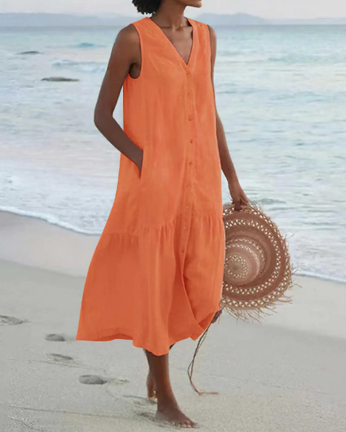 chouyatou Women's Summer Sleeveless Button Down Cotton Tank Dress Loose A-Line Tiered Tunic Beach Dress