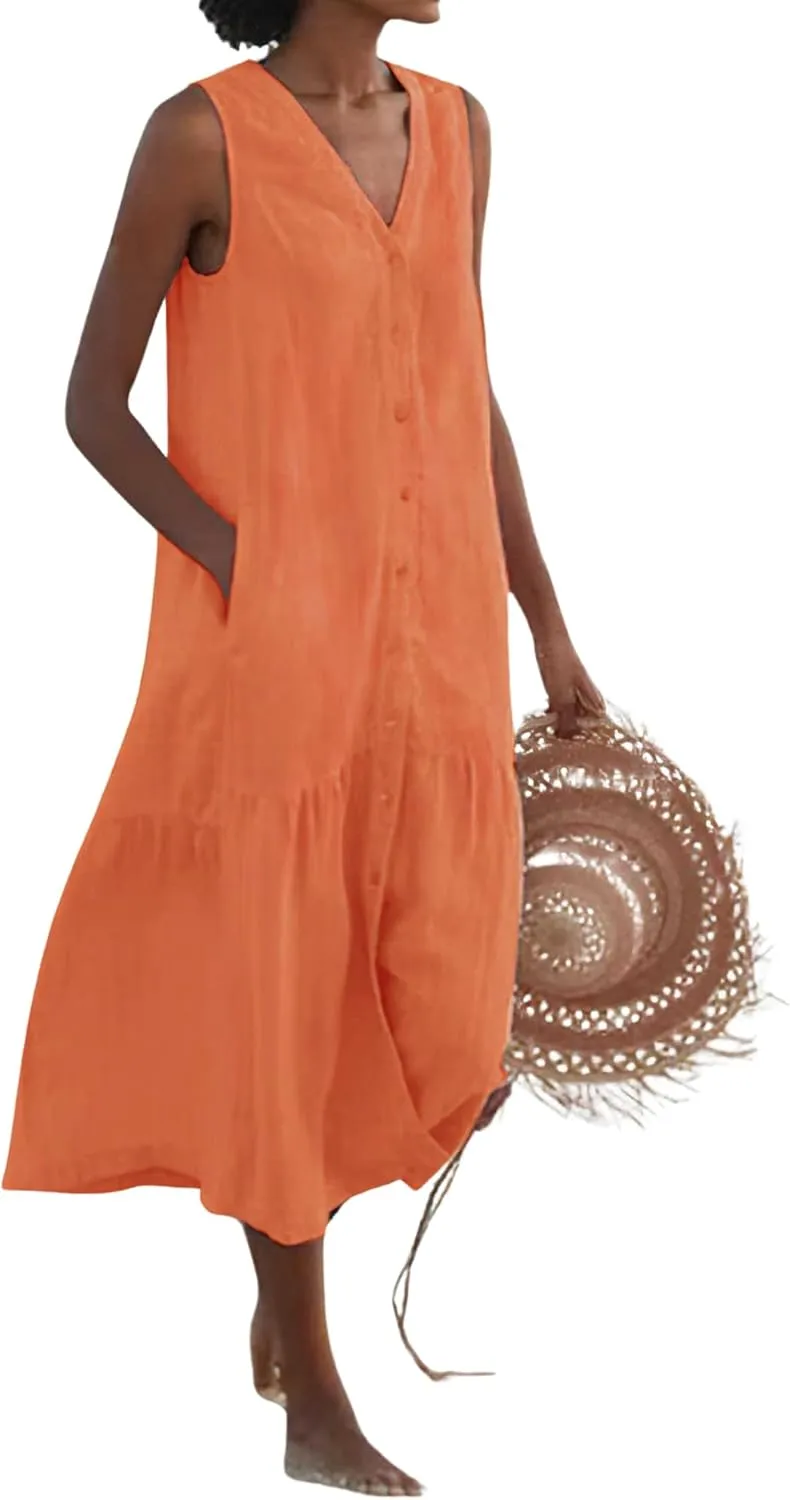 chouyatou Women's Summer Sleeveless Button Down Cotton Tank Dress Loose A-Line Tiered Tunic Beach Dress