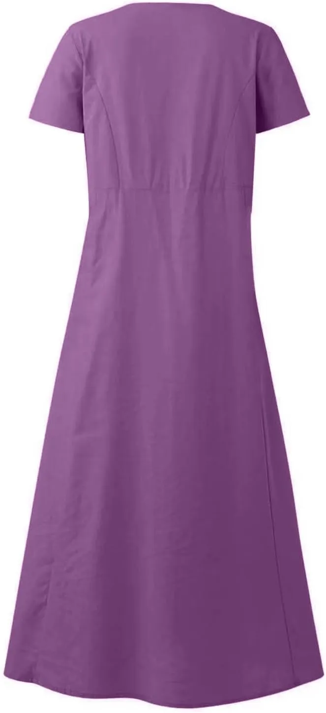 Cotton Linen Maxi Dress Summer Fashion Short Sleeve Beach Dresses Boho Casual Sundress Ladies Vacation Outfits