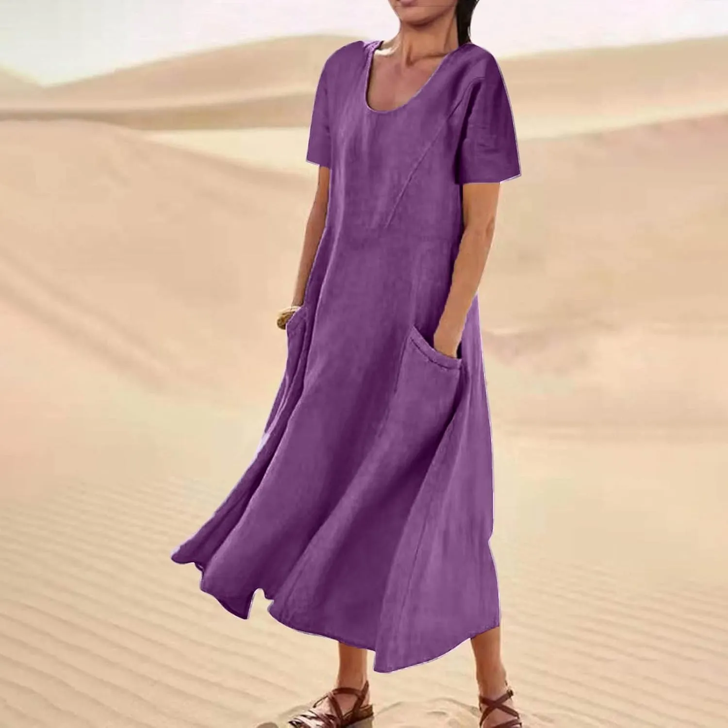 Cotton Linen Maxi Dress Summer Fashion Short Sleeve Beach Dresses Boho Casual Sundress Ladies Vacation Outfits