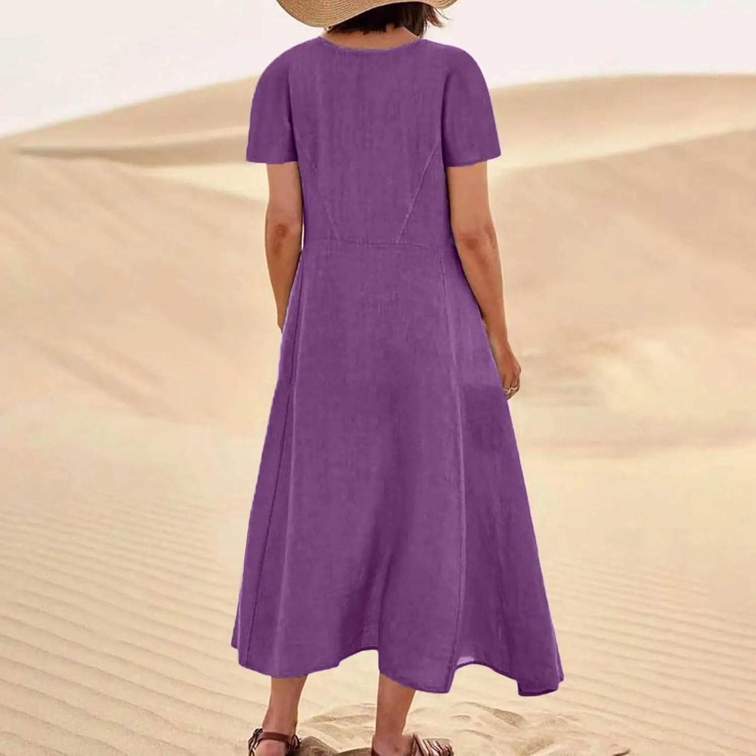 Cotton Linen Maxi Dress Summer Fashion Short Sleeve Beach Dresses Boho Casual Sundress Ladies Vacation Outfits