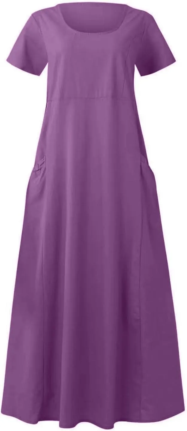 Cotton Linen Maxi Dress Summer Fashion Short Sleeve Beach Dresses Boho Casual Sundress Ladies Vacation Outfits