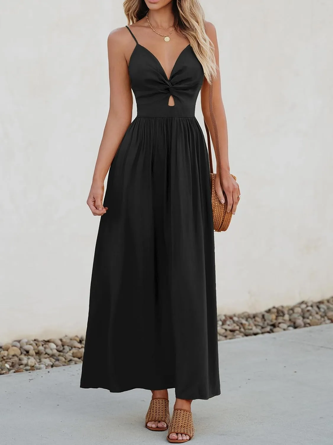 CUPSHE Women Casual Dress Beach Sleeveless V Neck Summer Cutout Spaghetti Straps Formal Maxi Sun Dresses