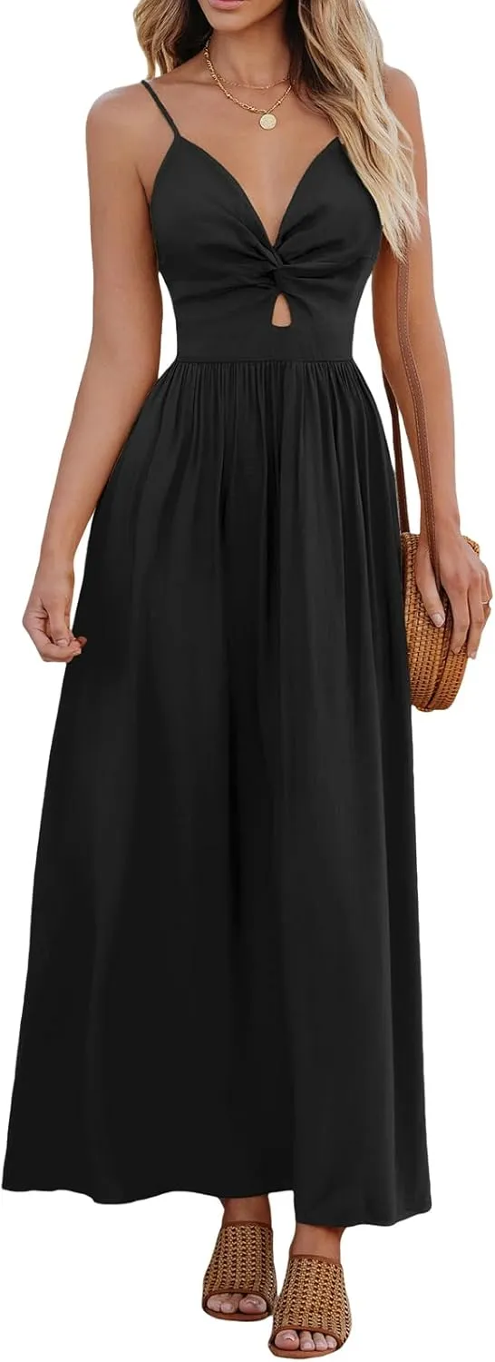 CUPSHE Women Casual Dress Beach Sleeveless V Neck Summer Cutout Spaghetti Straps Formal Maxi Sun Dresses