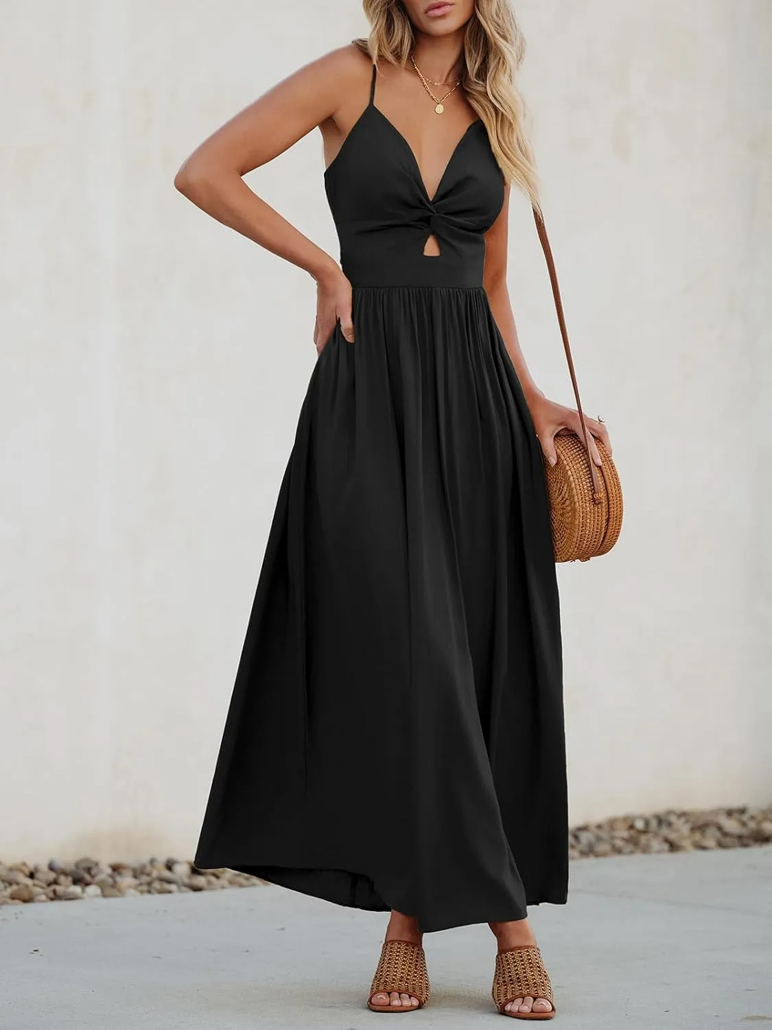 CUPSHE Women Casual Dress Beach Sleeveless V Neck Summer Cutout Spaghetti Straps Formal Maxi Sun Dresses