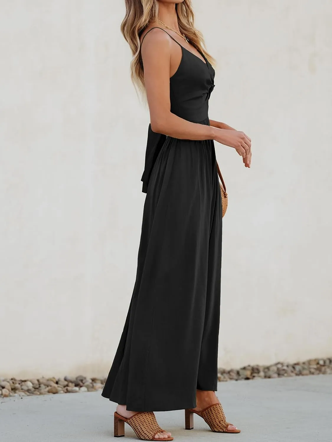CUPSHE Women Casual Dress Beach Sleeveless V Neck Summer Cutout Spaghetti Straps Formal Maxi Sun Dresses