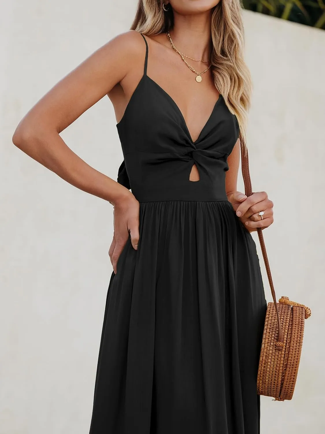 CUPSHE Women Casual Dress Beach Sleeveless V Neck Summer Cutout Spaghetti Straps Formal Maxi Sun Dresses