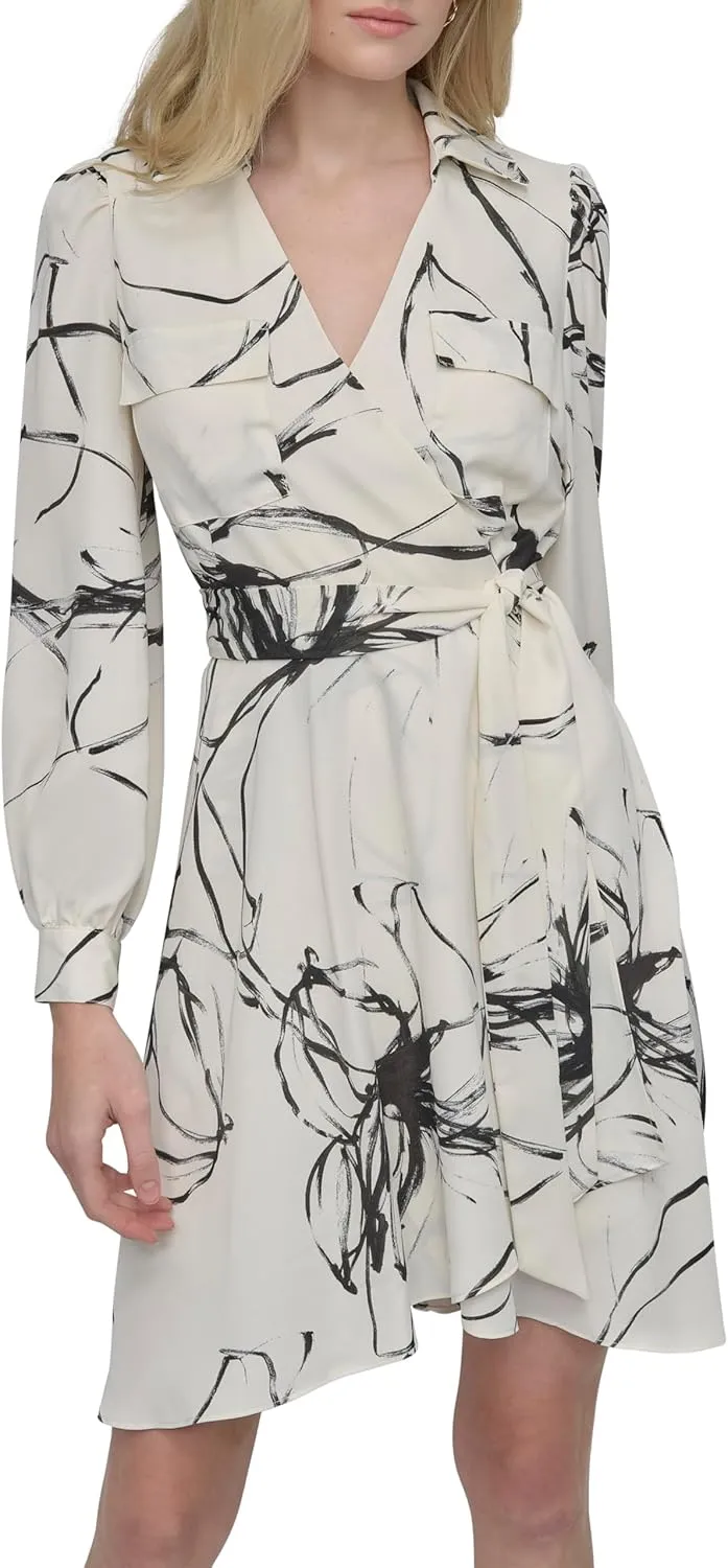 DKNY womens Long Sleeve Collared Tie Mini Shirtdress