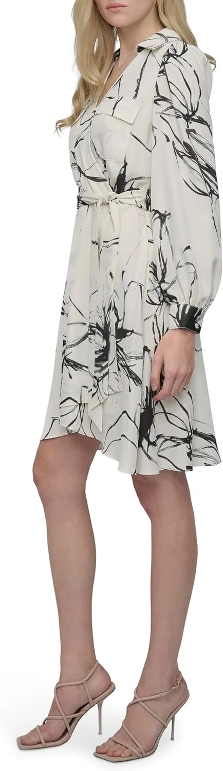 DKNY womens Long Sleeve Collared Tie Mini Shirtdress