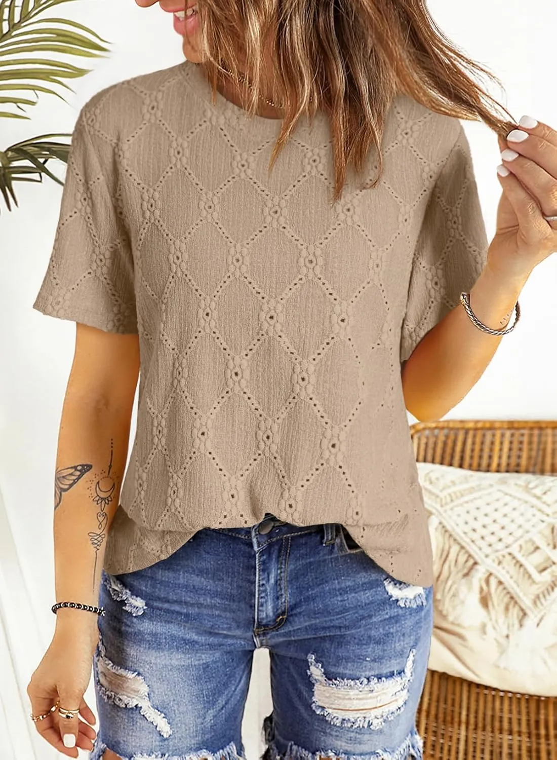 Dokotoo Women's Tops Casual Scoop Neck Short Sleeve Eyelet Embroidered Hollow Out Blouses Shirts