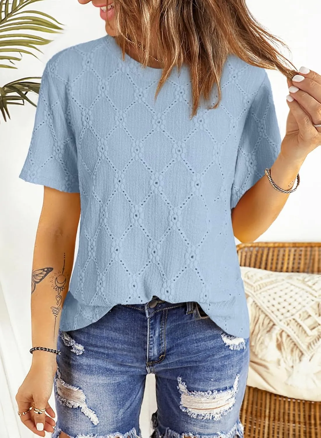 Dokotoo Women's Tops Casual Scoop Neck Short Sleeve Eyelet Embroidered Hollow Out Blouses Shirts