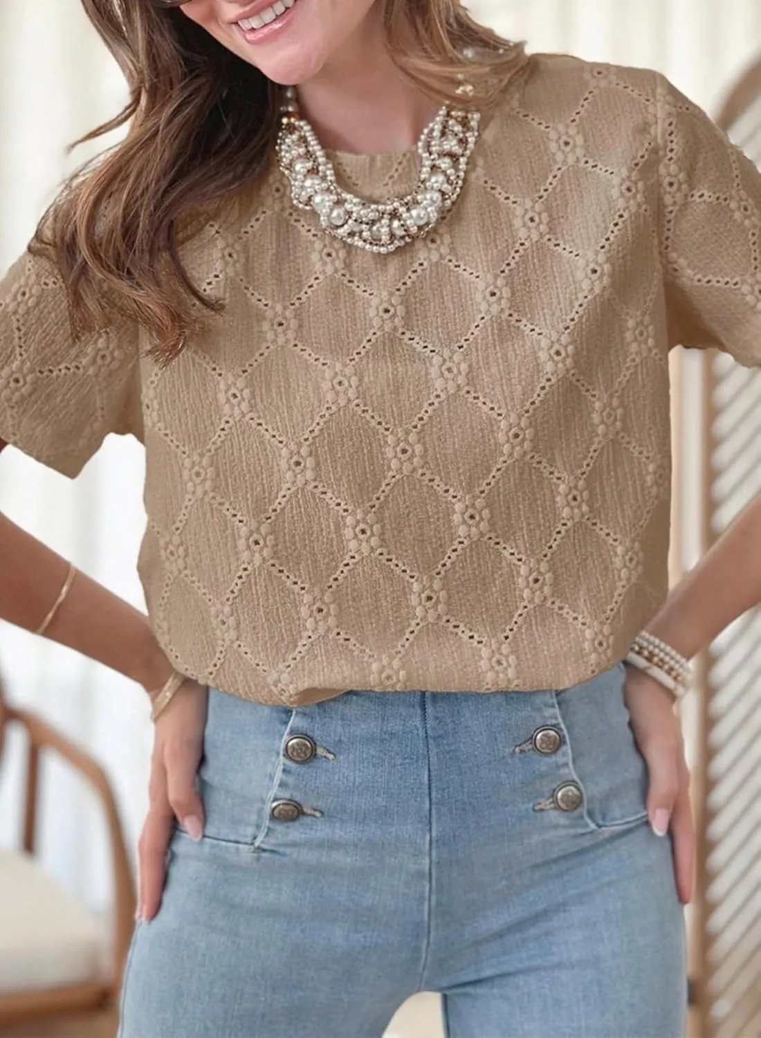 Dokotoo Women's Tops Casual Scoop Neck Short Sleeve Eyelet Embroidered Hollow Out Blouses Shirts