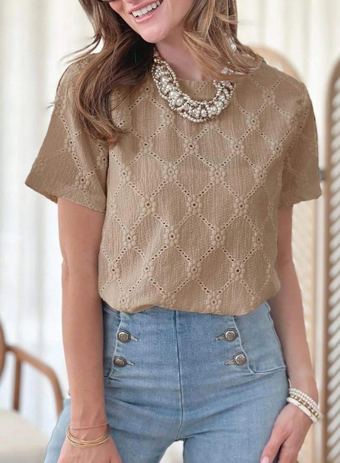 Dokotoo Women's Tops Casual Scoop Neck Short Sleeve Eyelet Embroidered Hollow Out Blouses Shirts