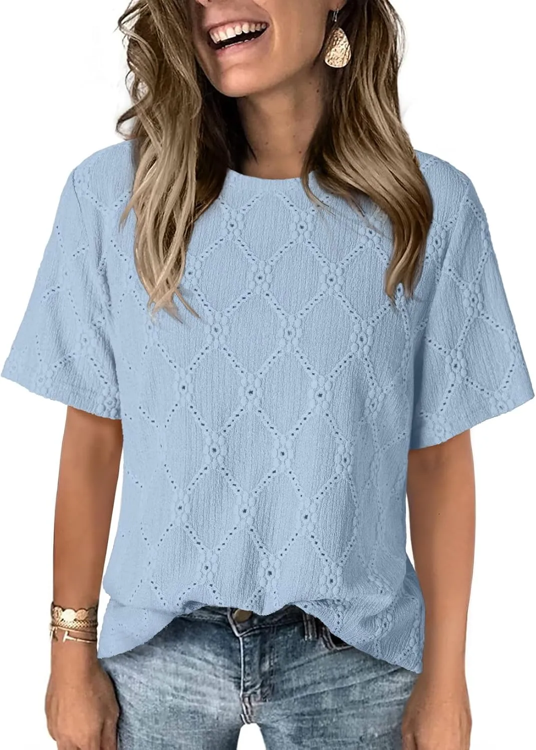 Dokotoo Women's Tops Casual Scoop Neck Short Sleeve Eyelet Embroidered Hollow Out Blouses Shirts