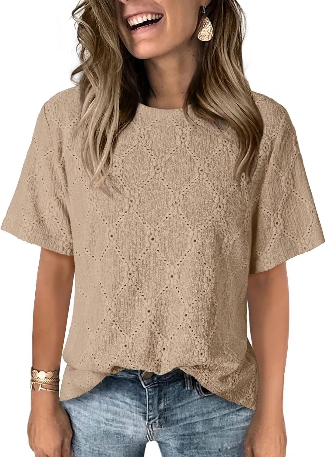 Dokotoo Women's Tops Casual Scoop Neck Short Sleeve Eyelet Embroidered Hollow Out Blouses Shirts