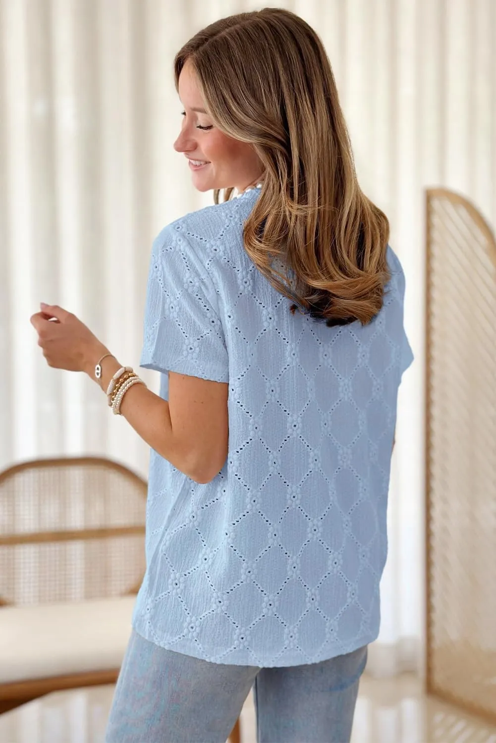 Dokotoo Women's Tops Casual Scoop Neck Short Sleeve Eyelet Embroidered Hollow Out Blouses Shirts