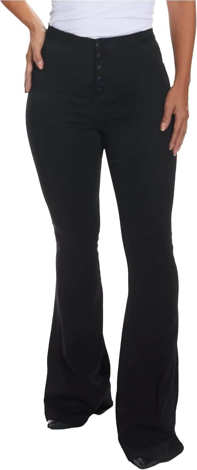 dollhouse Women's Black High Rise Curvy Flare with Exposed Buttons and Zipper Fly