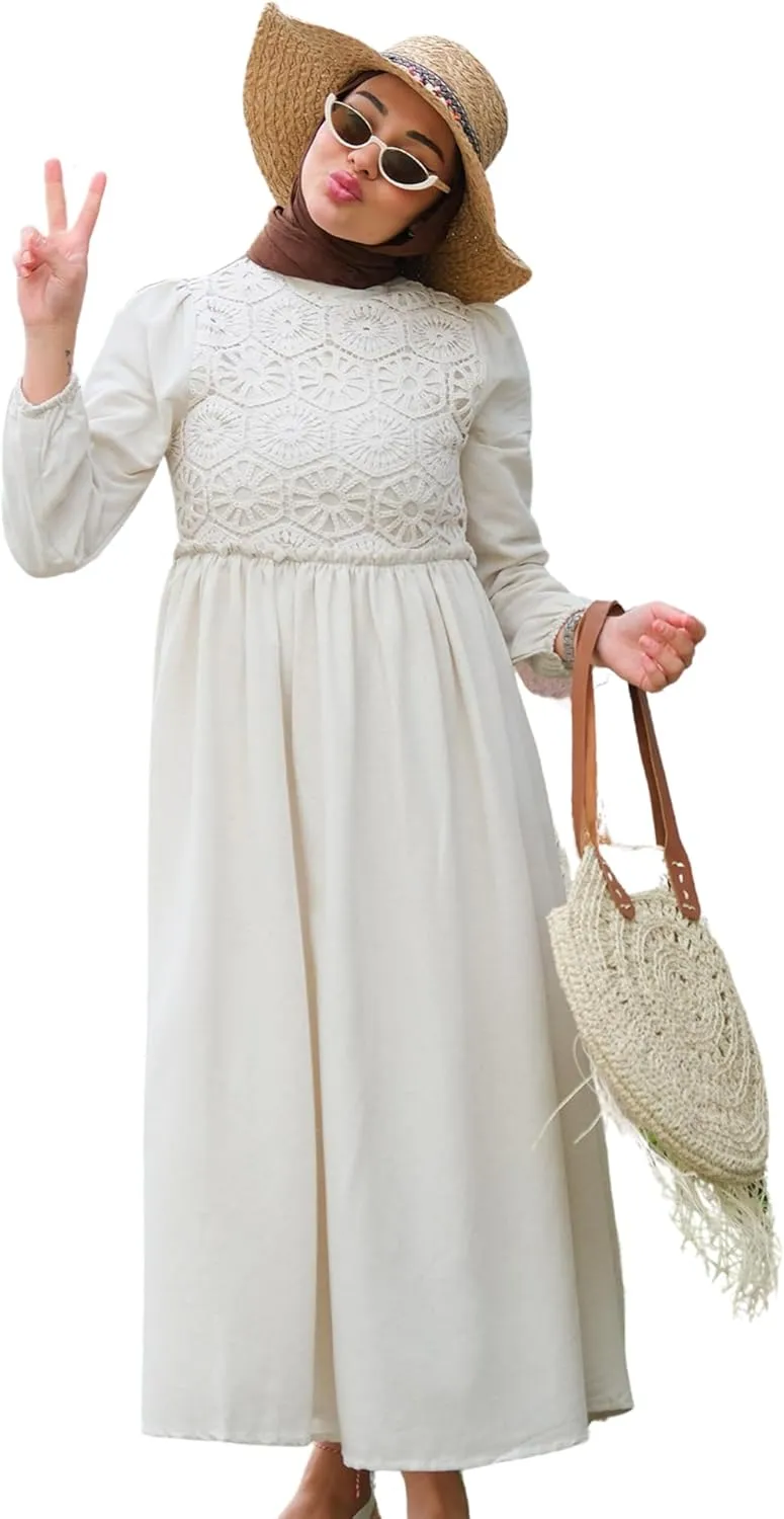 Dress for Muslim Women Linen Casual Long Dress Lace Detailed Dress Hijab Clothing Fashion