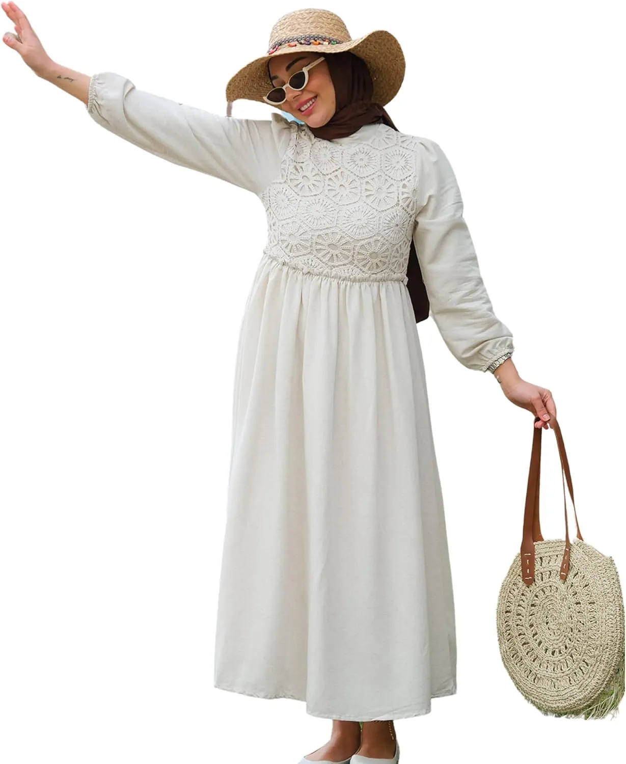 Dress for Muslim Women Linen Casual Long Dress Lace Detailed Dress Hijab Clothing Fashion