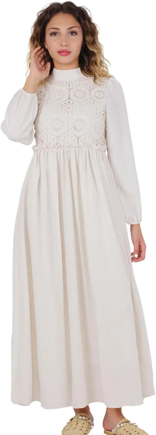 Dress for Muslim Women Linen Casual Long Dress Lace Detailed Dress Hijab Clothing Fashion
