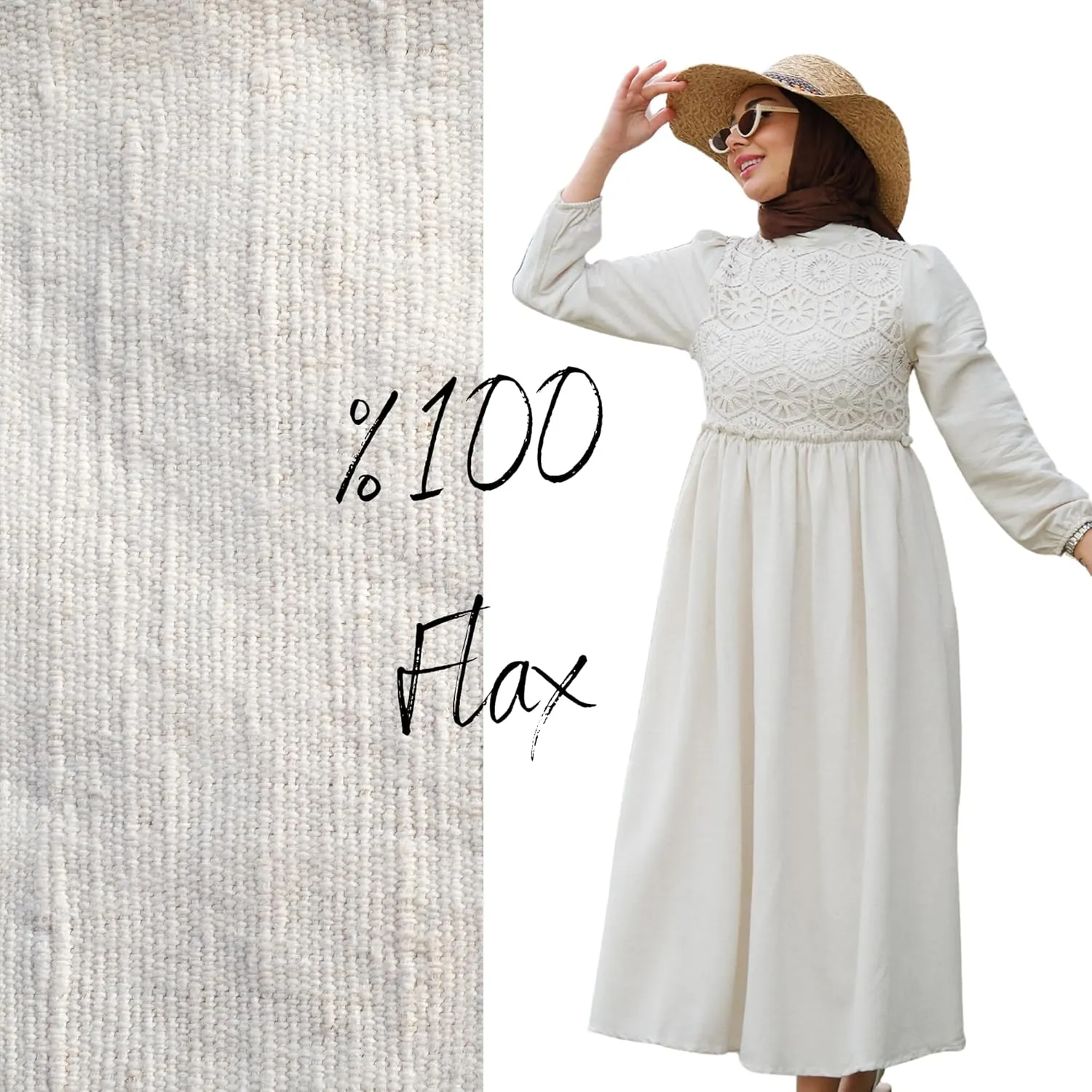 Dress for Muslim Women Linen Casual Long Dress Lace Detailed Dress Hijab Clothing Fashion