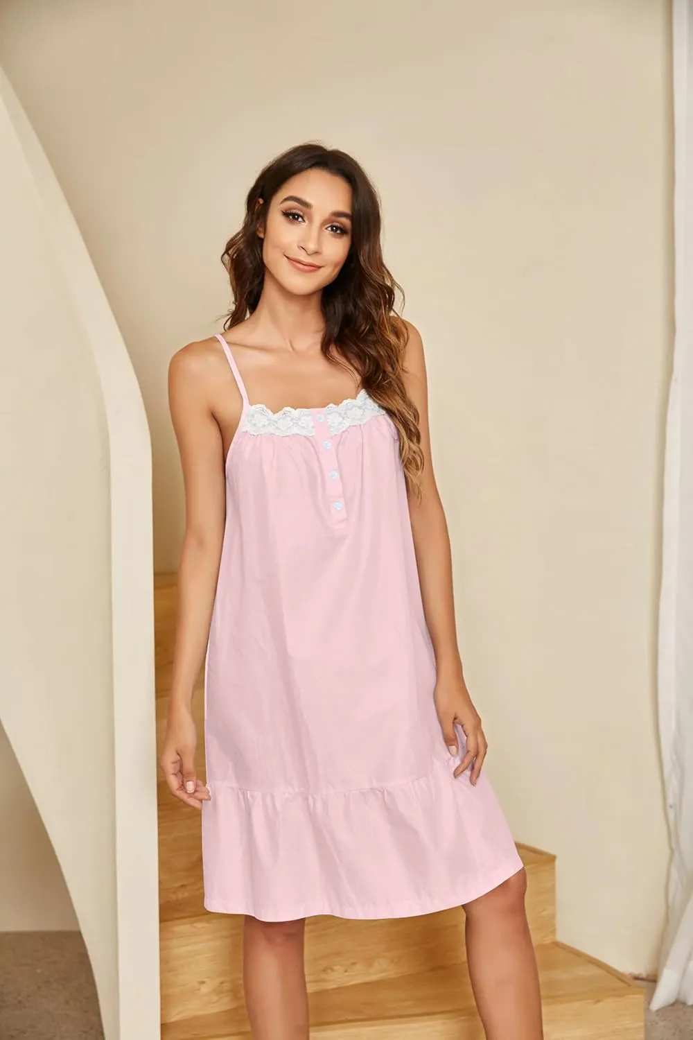 Ekouaer Women's 100% Cotton Lace Nightgown Sleeveless Sleep Dress Victorian Sleepshirt Button Strap Gown