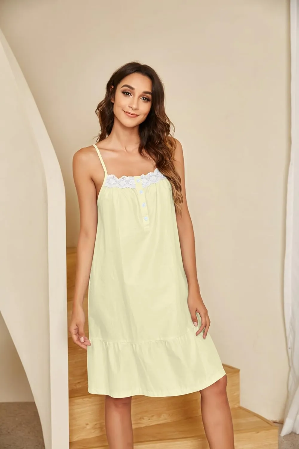Ekouaer Women's 100% Cotton Lace Nightgown Sleeveless Sleep Dress Victorian Sleepshirt Button Strap Gown