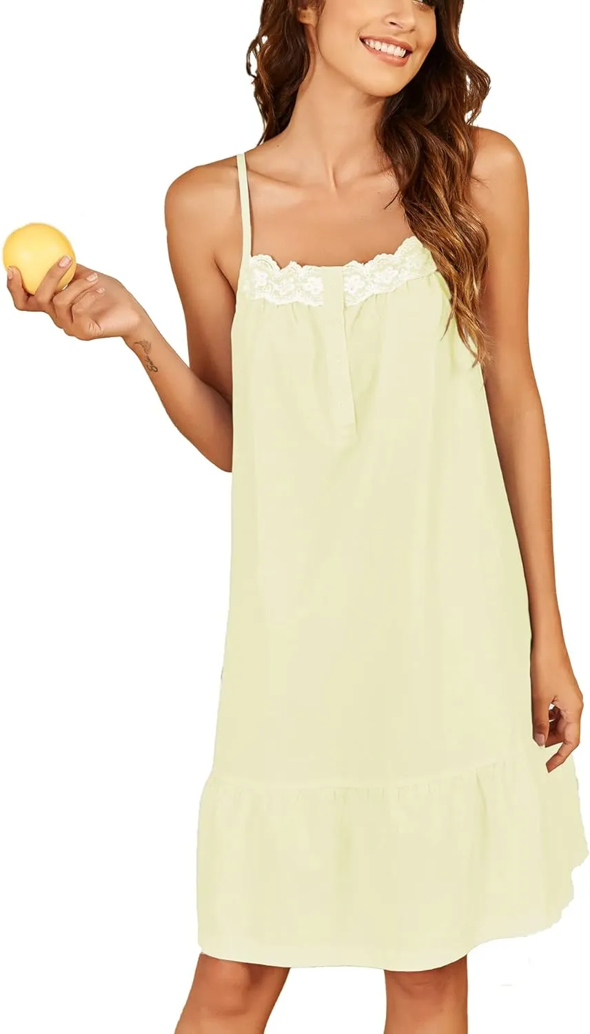 Ekouaer Women's 100% Cotton Lace Nightgown Sleeveless Sleep Dress Victorian Sleepshirt Button Strap Gown