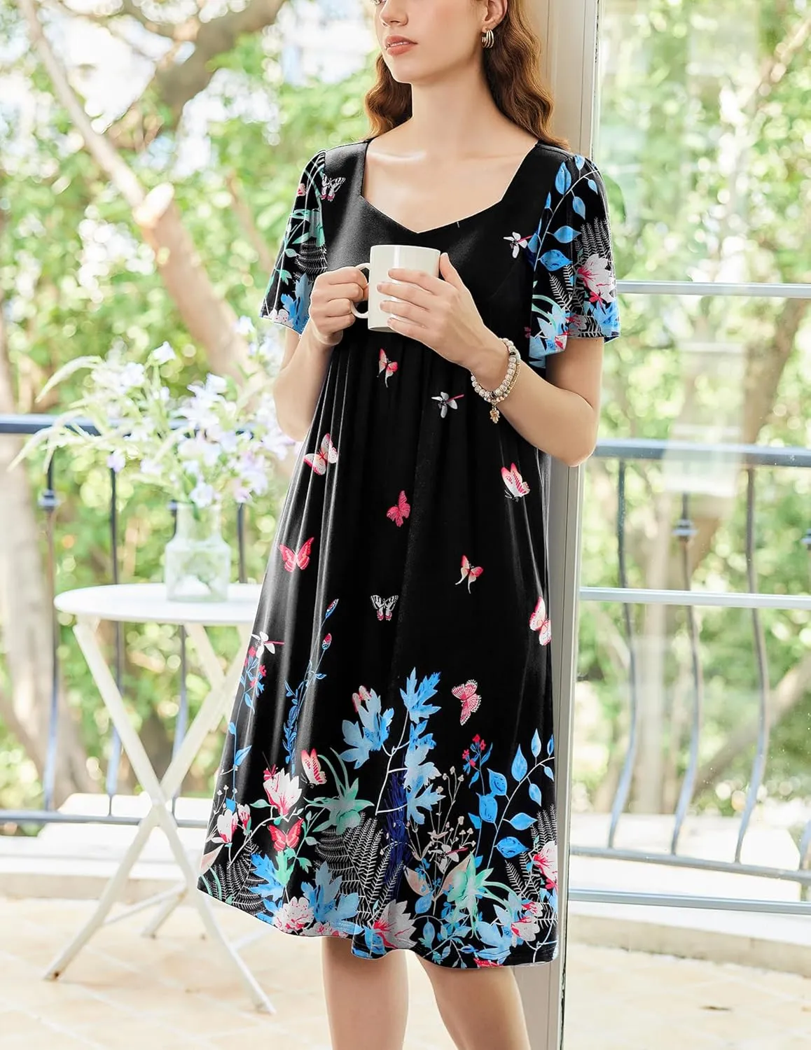 Ekouaer Women's House Dress - Pleated Nightgown with Short Sleeves & Pockets