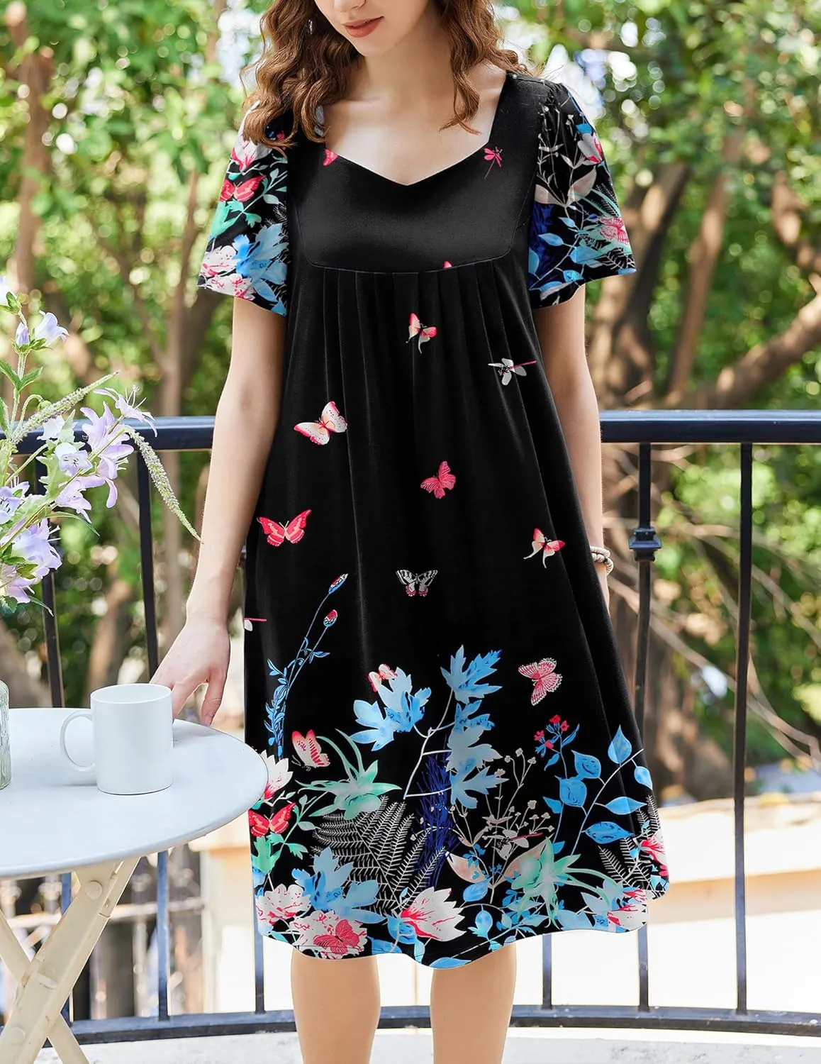Ekouaer Women's House Dress - Pleated Nightgown with Short Sleeves & Pockets