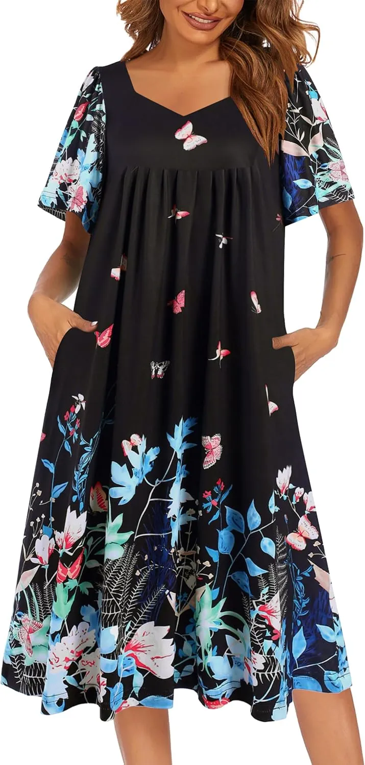 Ekouaer Women's House Dress - Pleated Nightgown with Short Sleeves & Pockets