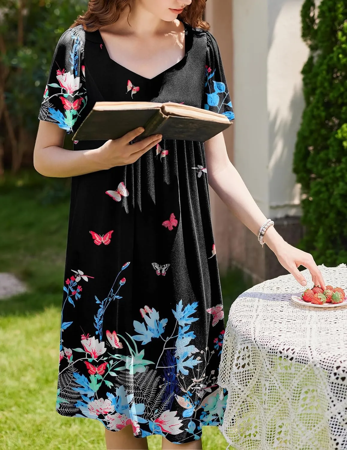 Ekouaer Women's House Dress - Pleated Nightgown with Short Sleeves & Pockets