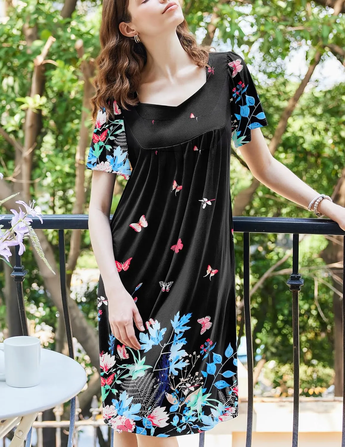 Ekouaer Women's House Dress - Pleated Nightgown with Short Sleeves & Pockets