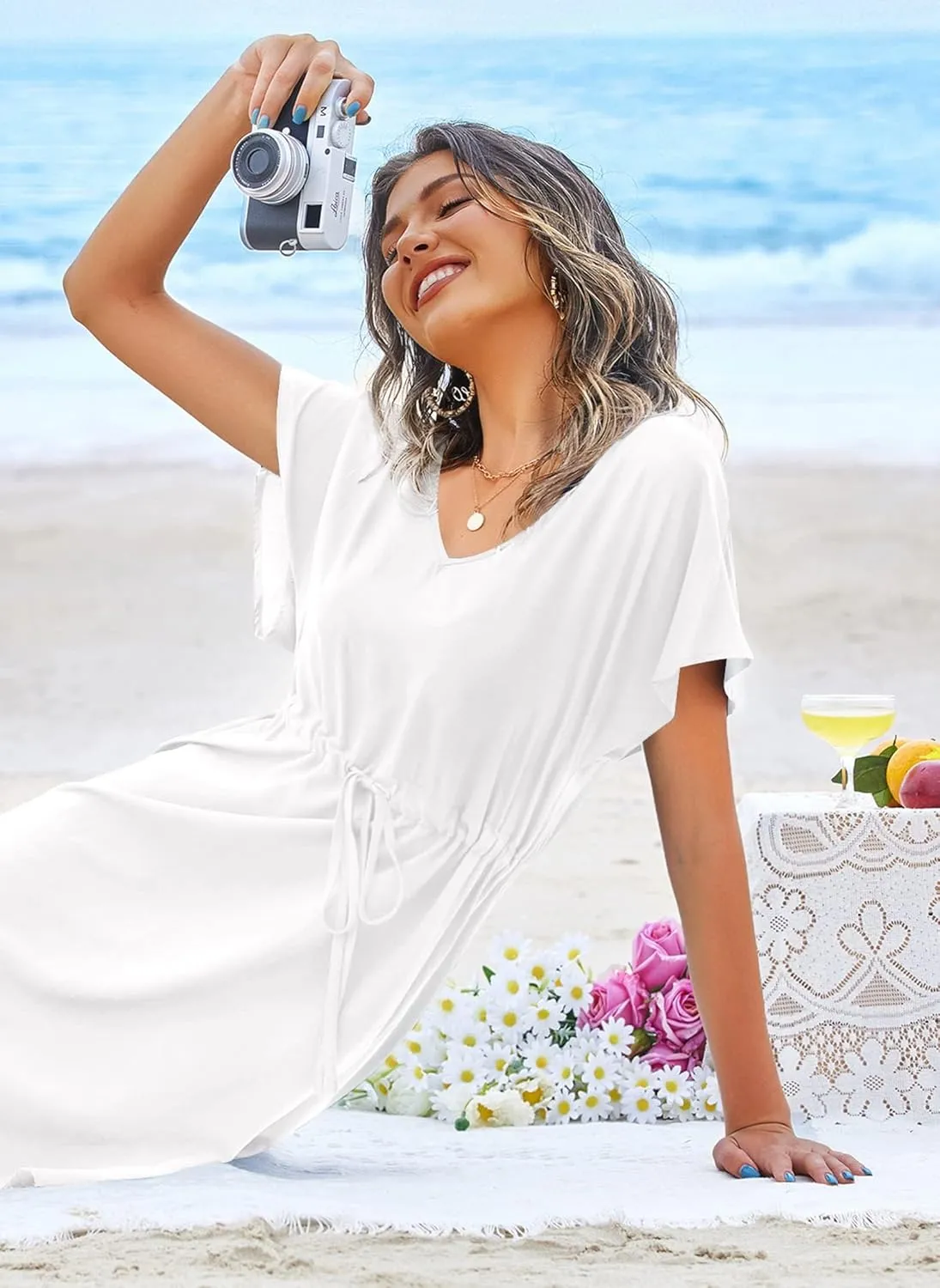 Ekouaer Womens Swimsuit Coverup Short Sleeve Beach Cover Up Dress V Neck Bikini Beachwear