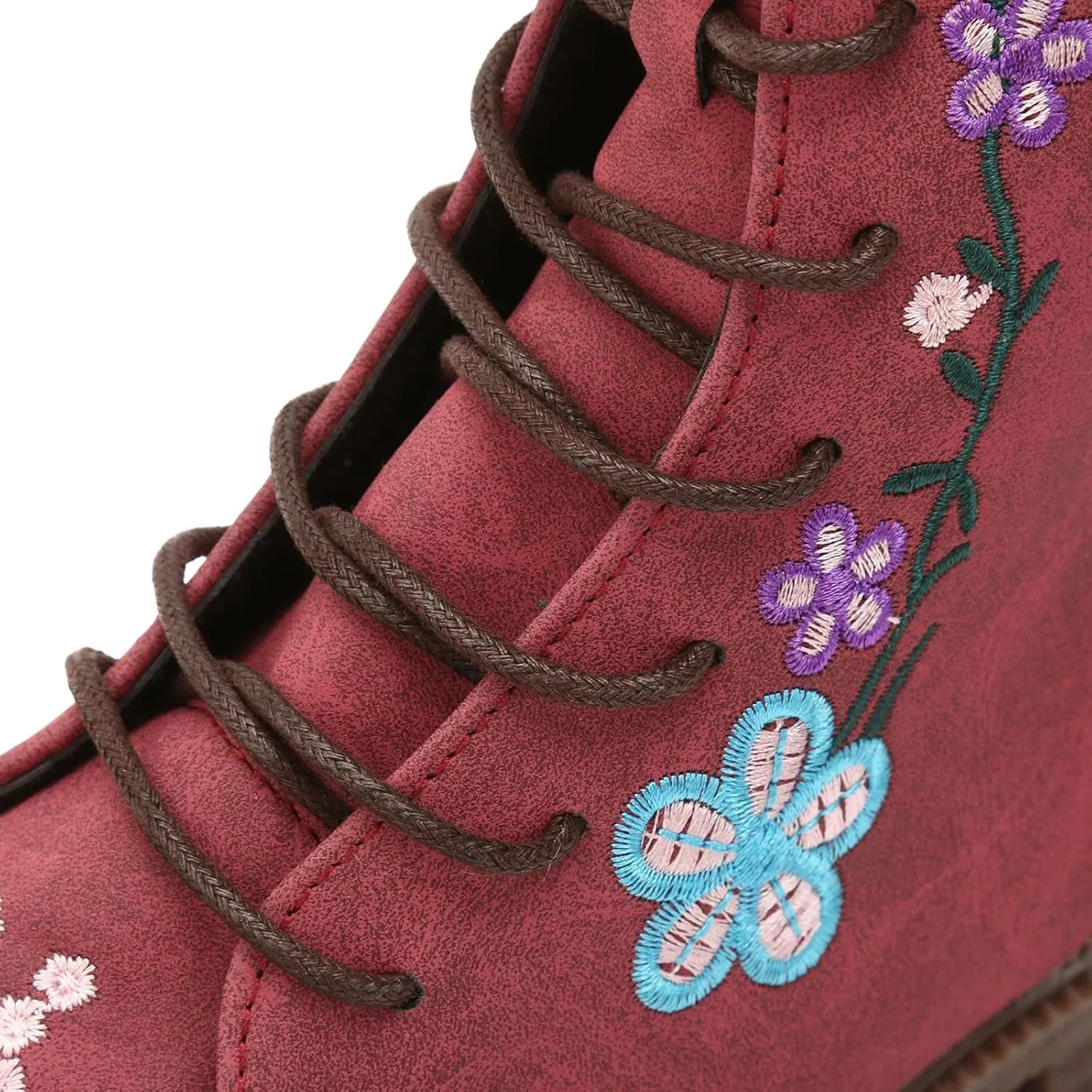 Fall Boots Womens Suede Flower Embroidered Mid-Calf Fall Boots Lace Up Womens Motorcycle Combat Boots