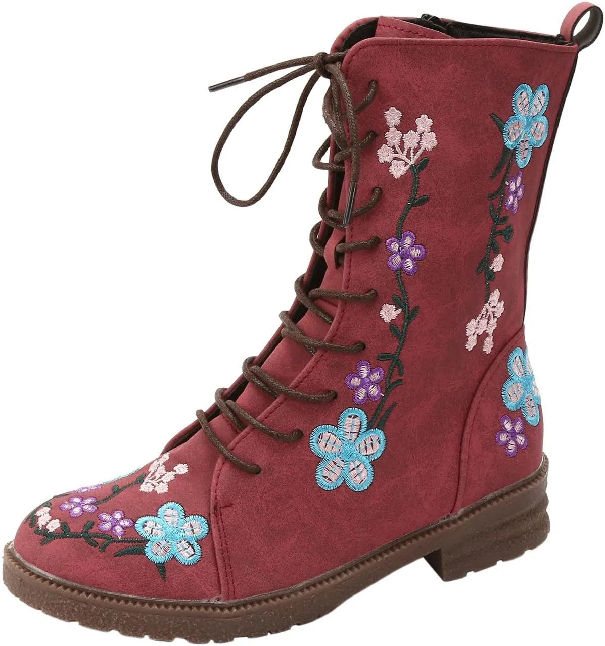 Fall Boots Womens Suede Flower Embroidered Mid-Calf Fall Boots Lace Up Womens Motorcycle Combat Boots