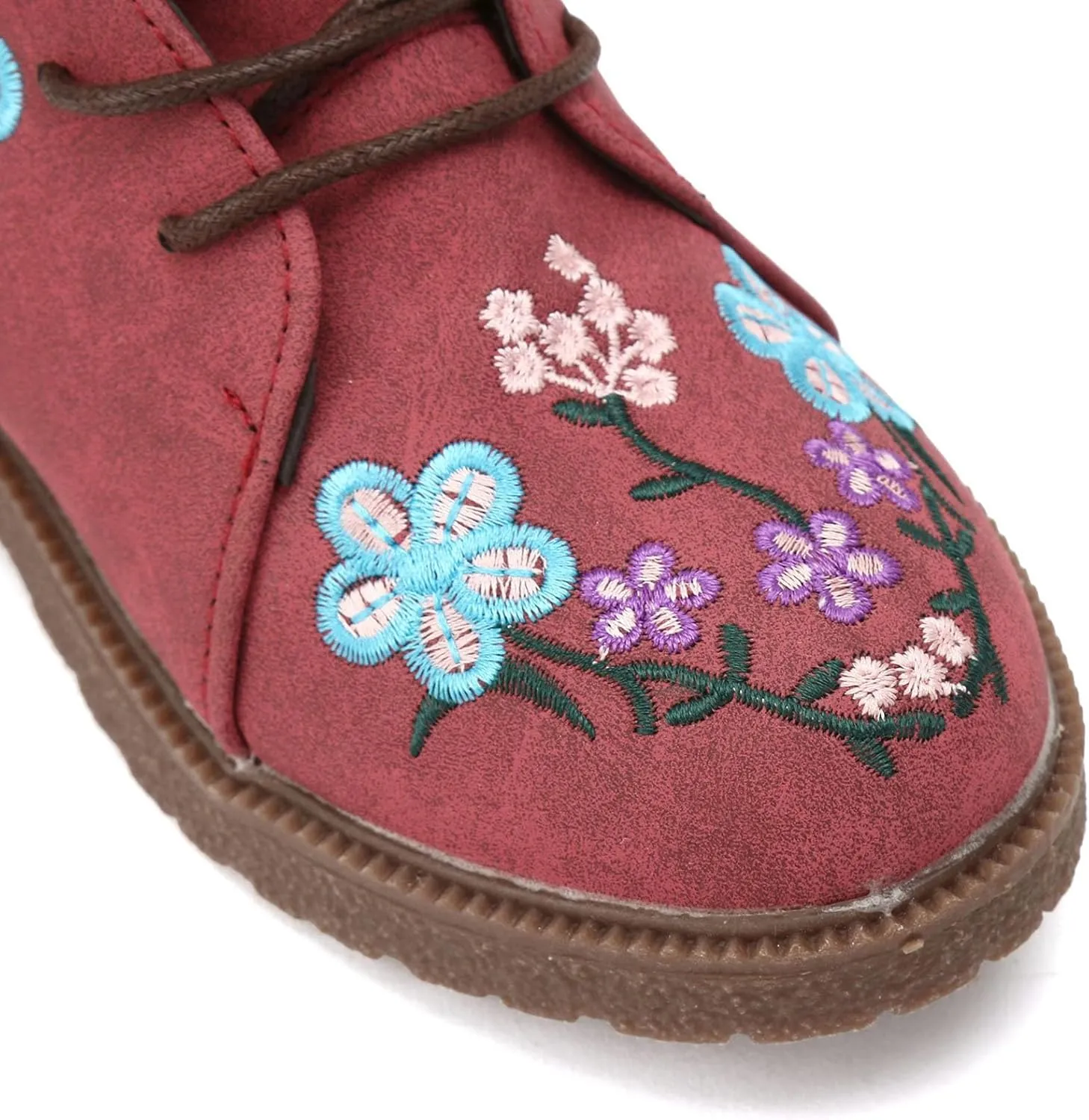 Fall Boots Womens Suede Flower Embroidered Mid-Calf Fall Boots Lace Up Womens Motorcycle Combat Boots