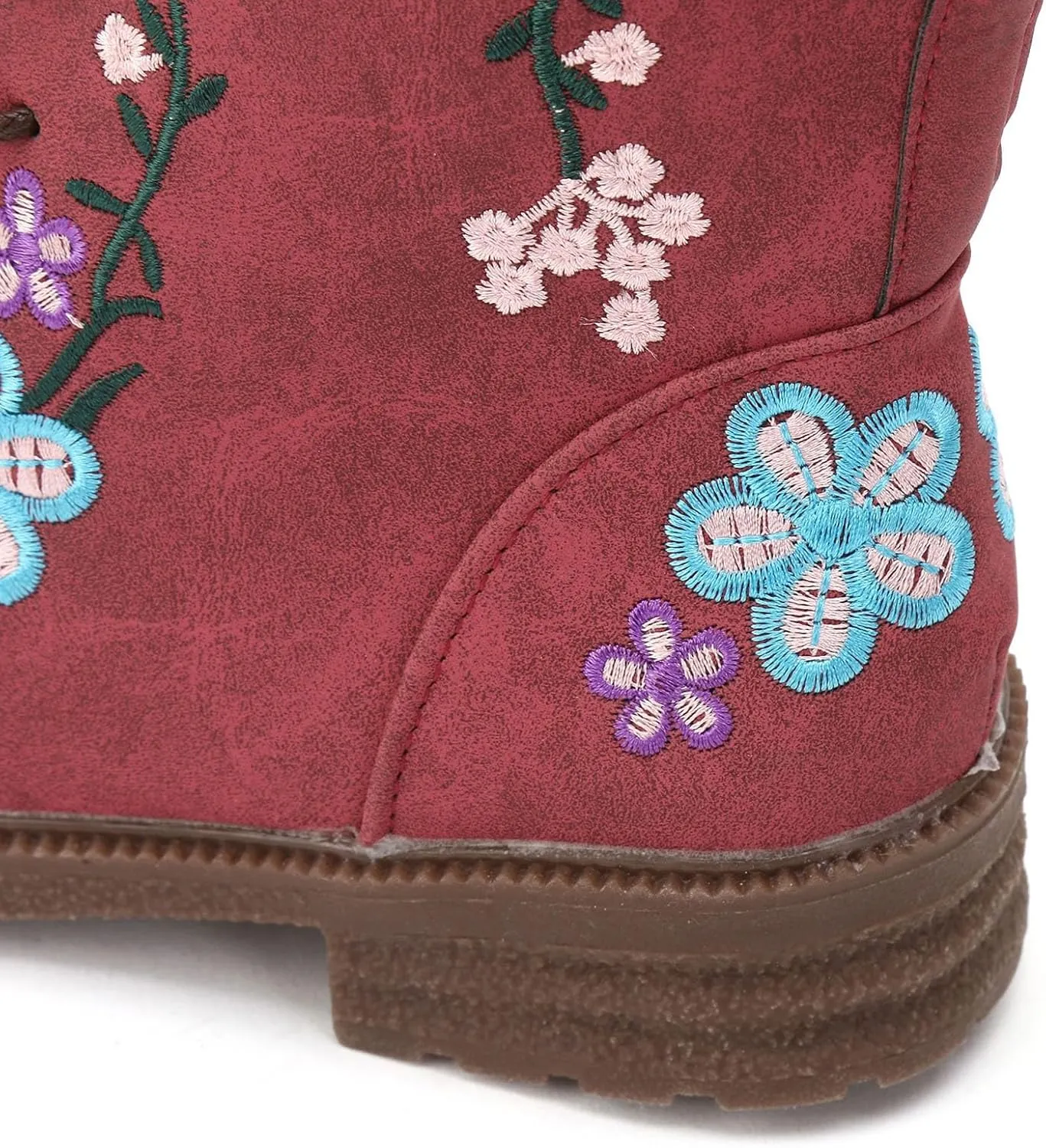 Fall Boots Womens Suede Flower Embroidered Mid-Calf Fall Boots Lace Up Womens Motorcycle Combat Boots