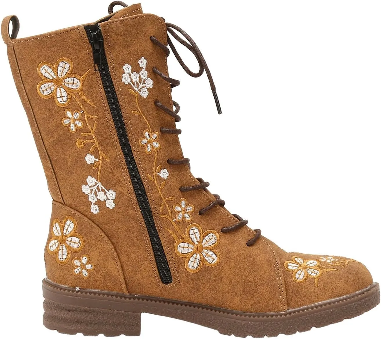 Fall Boots Womens Suede Flower Embroidered Mid-Calf Fall Boots Lace Up Womens Motorcycle Combat Boots