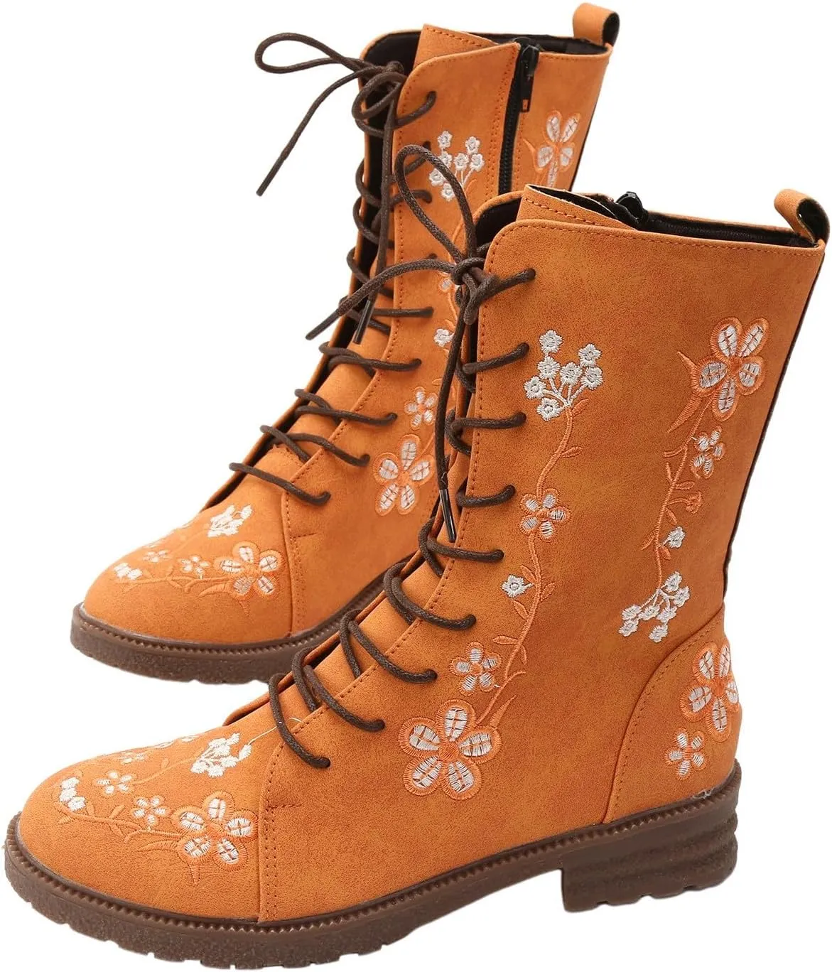 Fall Boots Womens Suede Flower Embroidered Mid-Calf Fall Boots Lace Up Womens Motorcycle Combat Boots