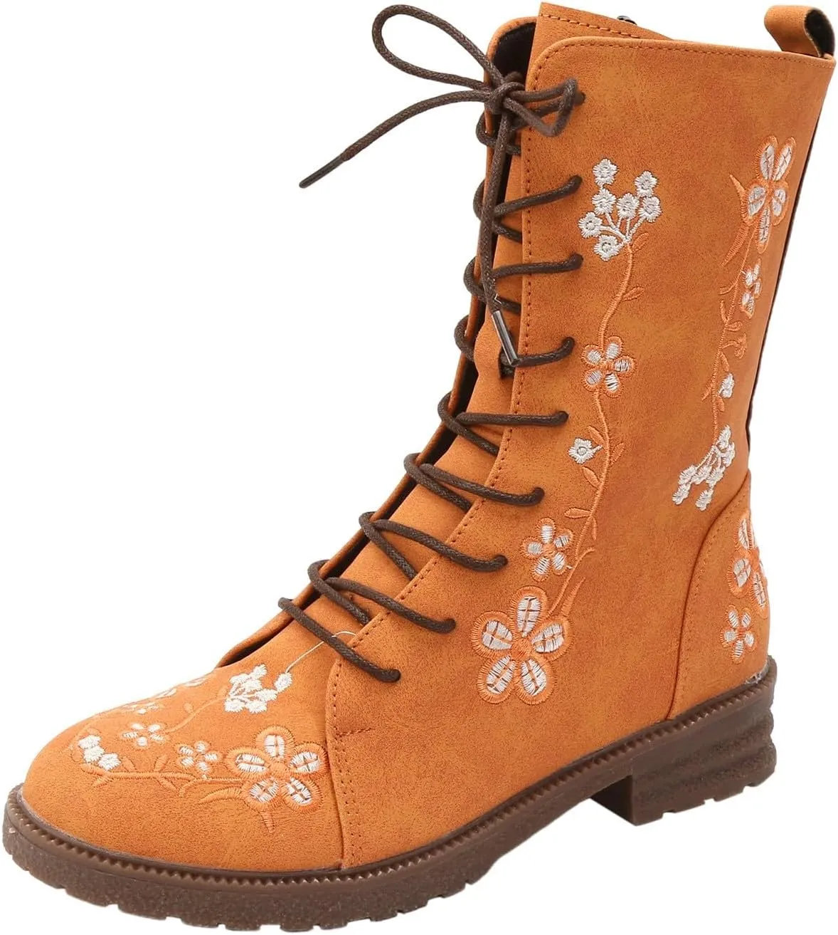 Fall Boots Womens Suede Flower Embroidered Mid-Calf Fall Boots Lace Up Womens Motorcycle Combat Boots