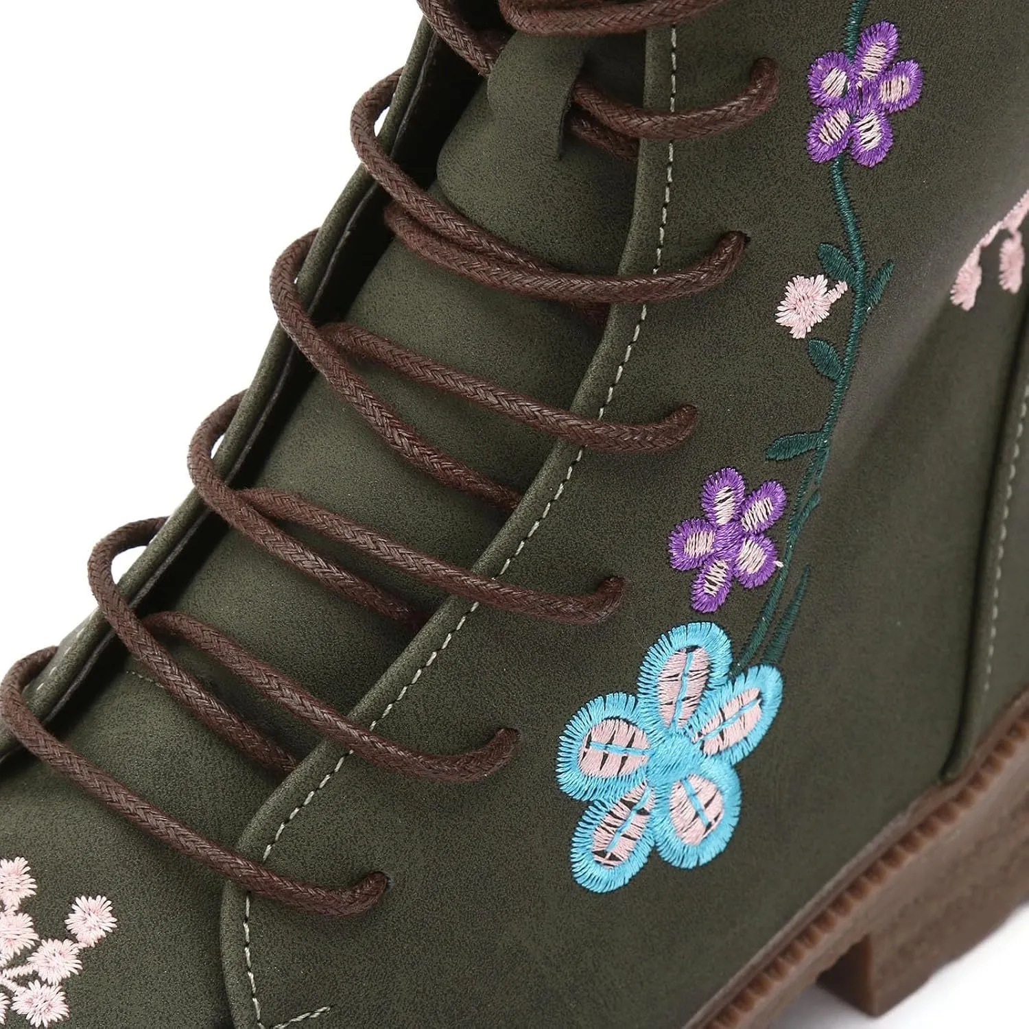 Fall Boots Womens Suede Flower Embroidered Mid-Calf Fall Boots Lace Up Womens Motorcycle Combat Boots