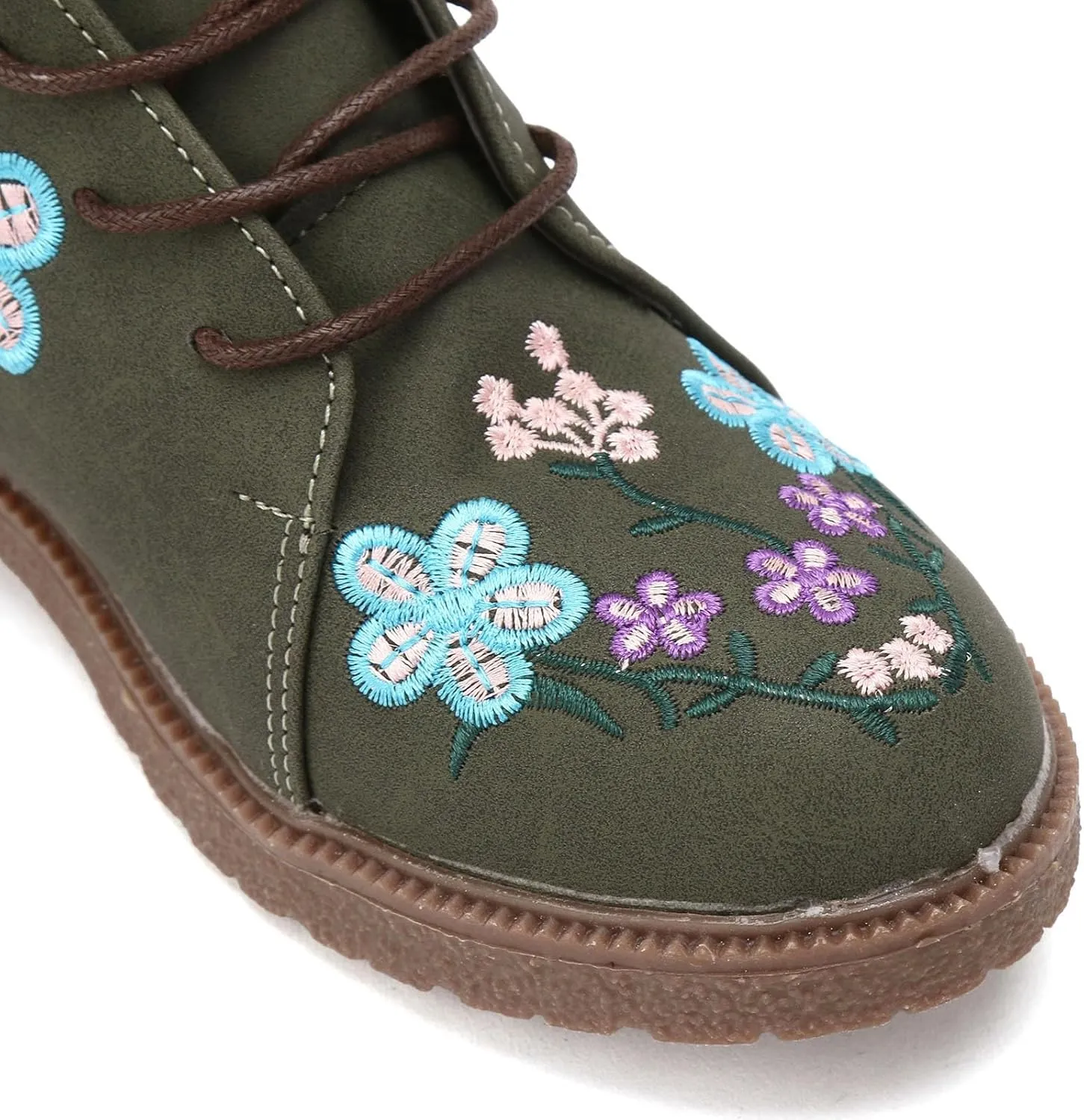 Fall Boots Womens Suede Flower Embroidered Mid-Calf Fall Boots Lace Up Womens Motorcycle Combat Boots