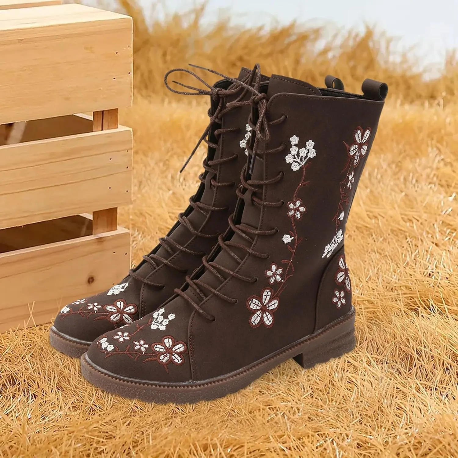 Fall Boots Womens Suede Flower Embroidered Mid-Calf Fall Boots Lace Up Womens Motorcycle Combat Boots