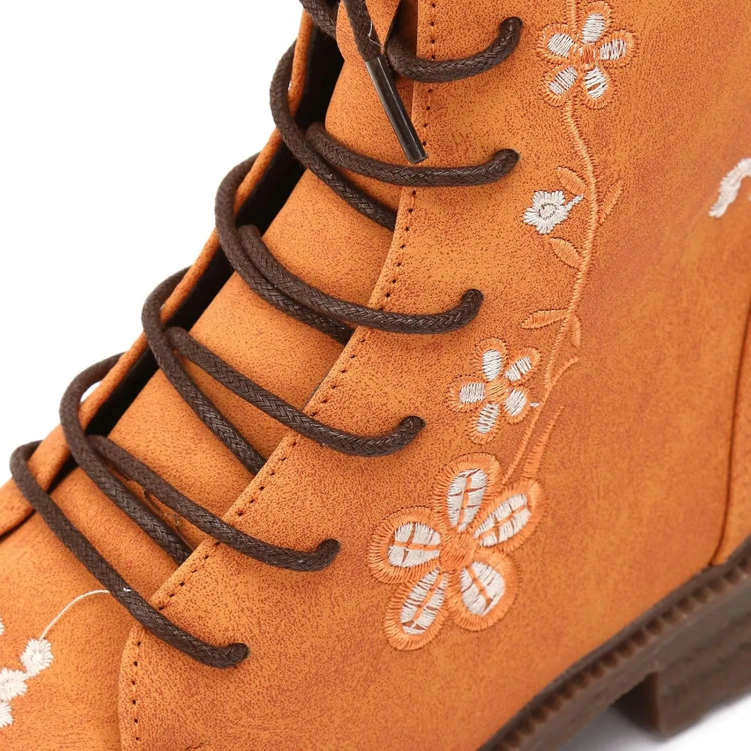Fall Boots Womens Suede Flower Embroidered Mid-Calf Fall Boots Lace Up Womens Motorcycle Combat Boots