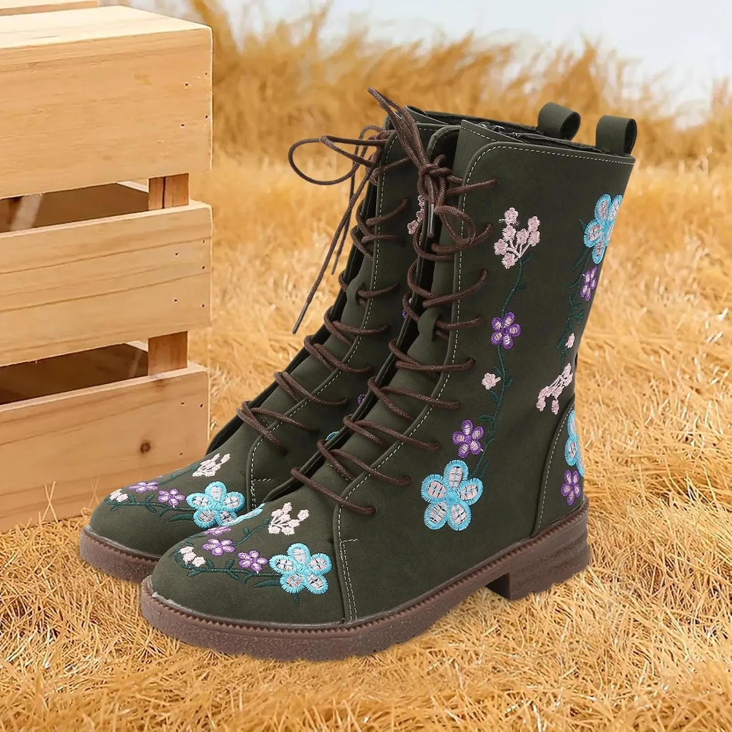 Fall Boots Womens Suede Flower Embroidered Mid-Calf Fall Boots Lace Up Womens Motorcycle Combat Boots